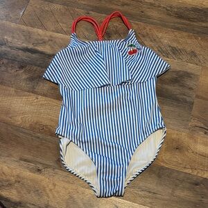 Striped Blue and White Kids Swimsuit with Cherry Detail